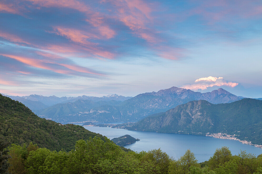 Sunset from Pigra towards Lenno and Bellagio, Lombardy, Italy.