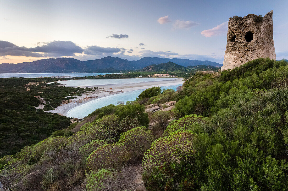 View of the beach of Porto Giunco and the Notteri pond at sunset from the old tower of Capo Carbonara, Villasimius, Cagliari, Sardinia, Italy, Europe.