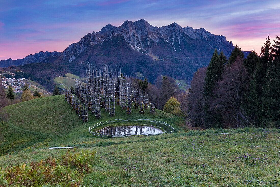 A few minutes before the sunset at the Cattedrale Vegetale monument at Plassa hamlet, Oltre il Colle, Val Serina, Bergamo district, Lombardy, Italy.