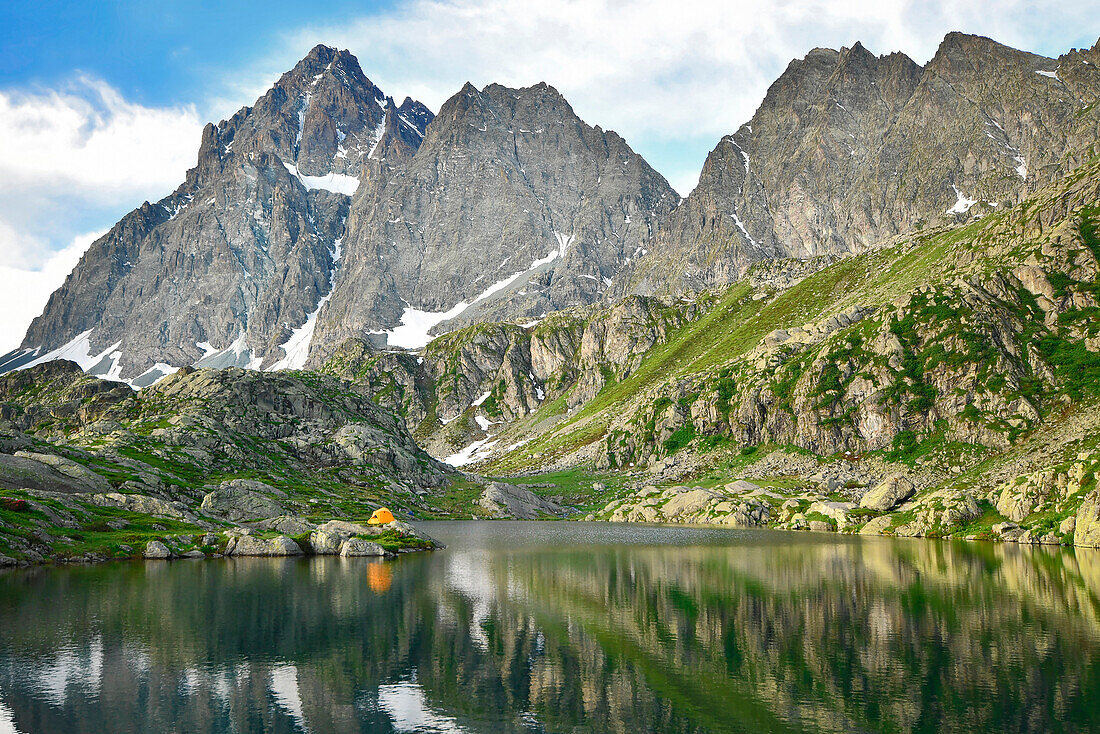 Tent and Monviso from 'lago Superiore', Superiore Lake, Piemonte,Piedmont,Italy