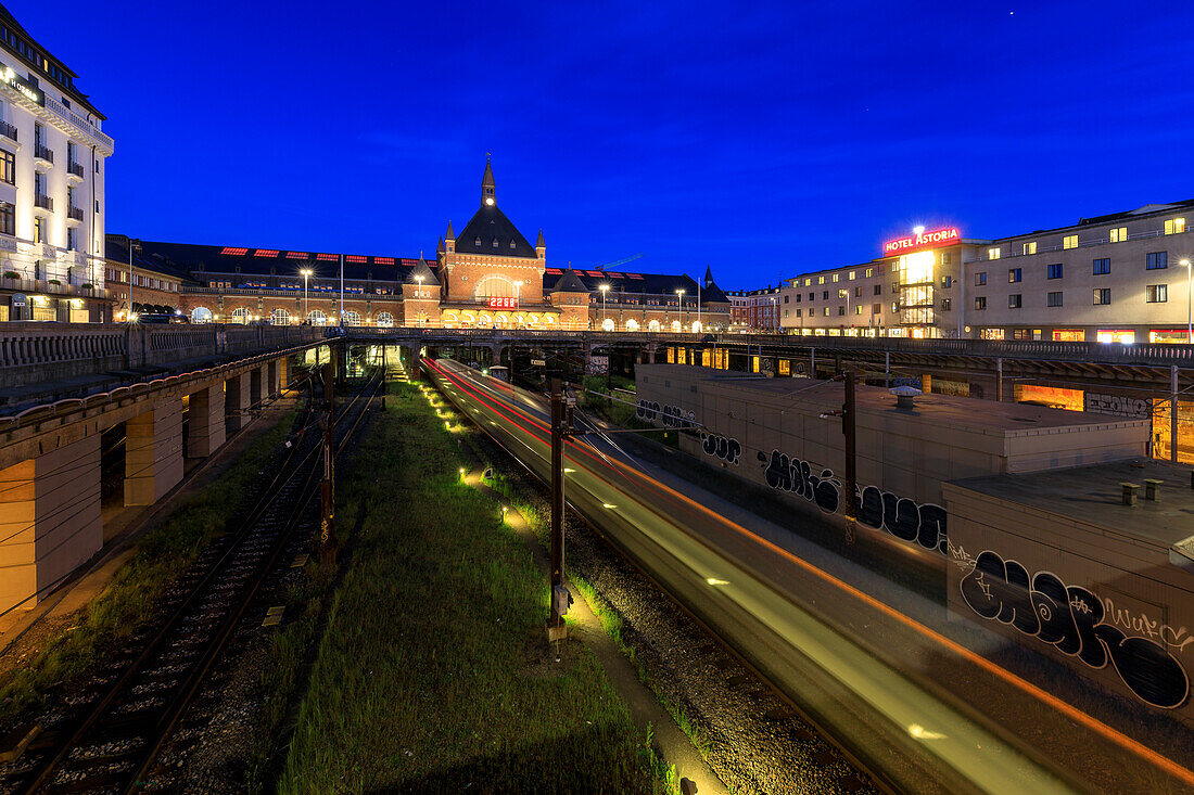 The Copenhagen Central Train Station in Vesterbro at night, Denmark