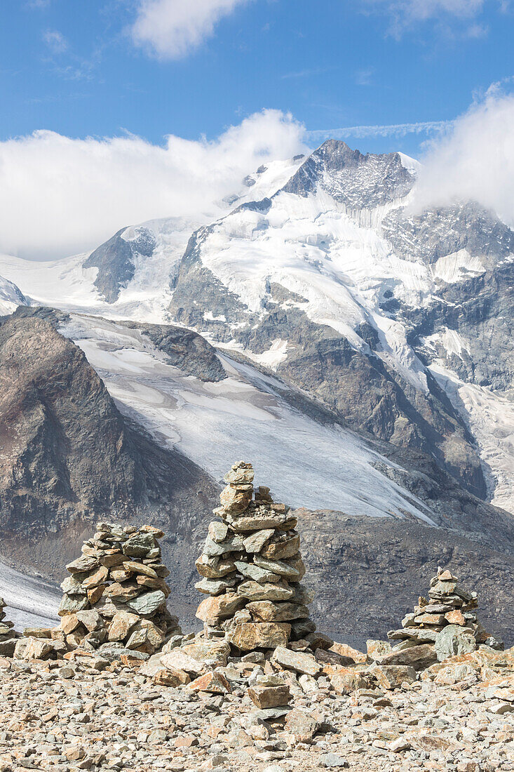 Overview of the Diavolezza and Pers glaciers and Piz Bernina, St,Moritz, canton of Graubünden, Engadine, Switzerland