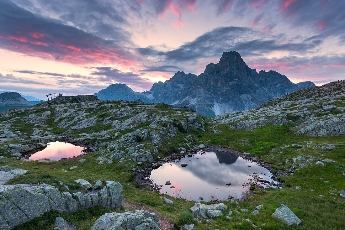 Cavallazza Lakes at sunrise towards Pale di San Martino Europe, Italy, Trentino region, Rolle pass