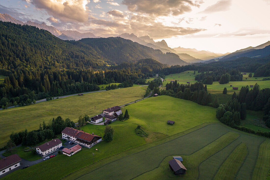 Aerial view of the Gerold village, near Garmisch Partenkirchen, Bayern Alps, Germany