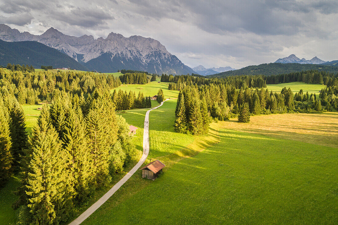 Aerial view of a Bayern valley near Garmisch Partenkirchen, Bayern Alps, Germany