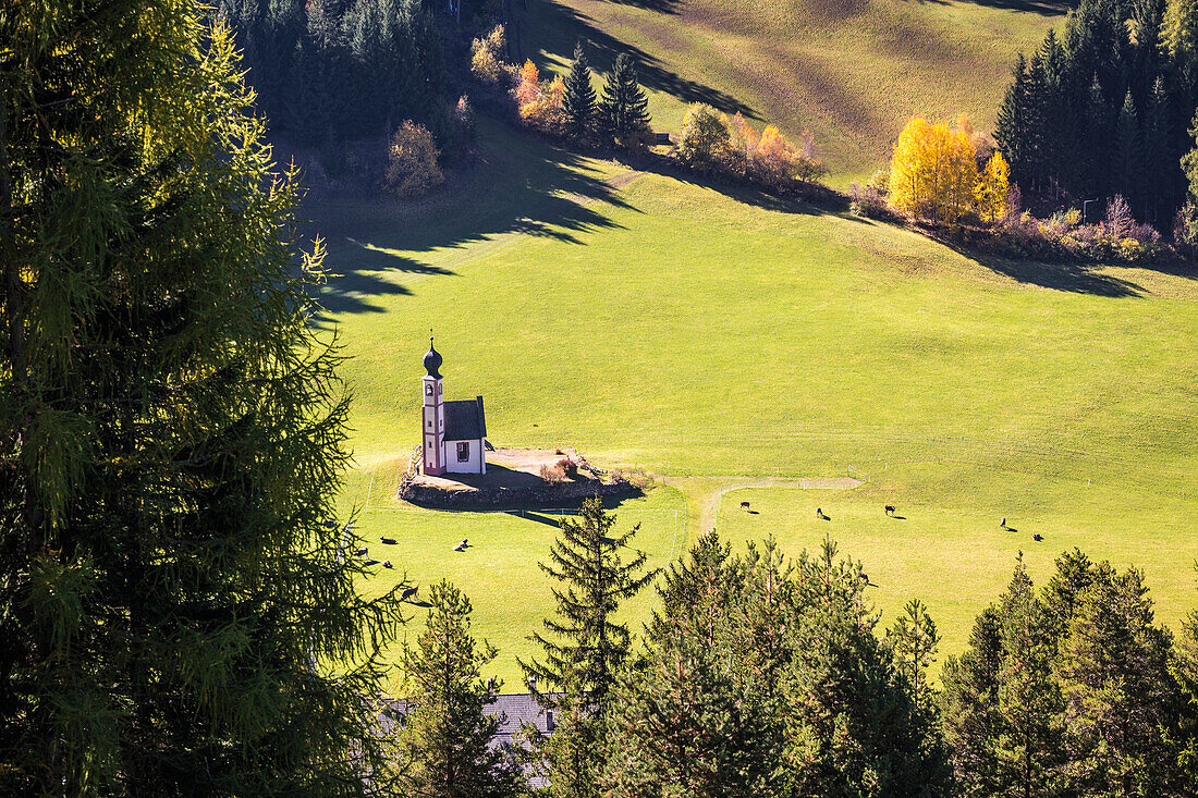 Funes Valley with San Giovanni ranui Church, Puez Odle Natural Park, South Tyrol, Italy