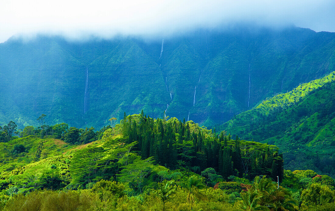 Lush foliage on the mountains of Kauai and water flowing from the steep cliffs under a cloudy sky; Hanalei, Kauai, Hawaii, United States of America