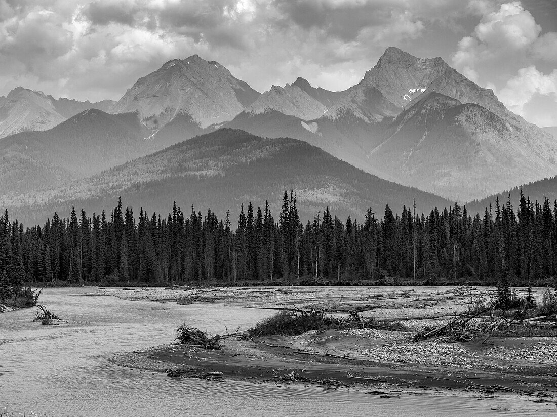 Black and white landscape of the rugged Canadian rocky mountains with a forest and a flowing river in the foreground; Invermere, British Columbia, Canada