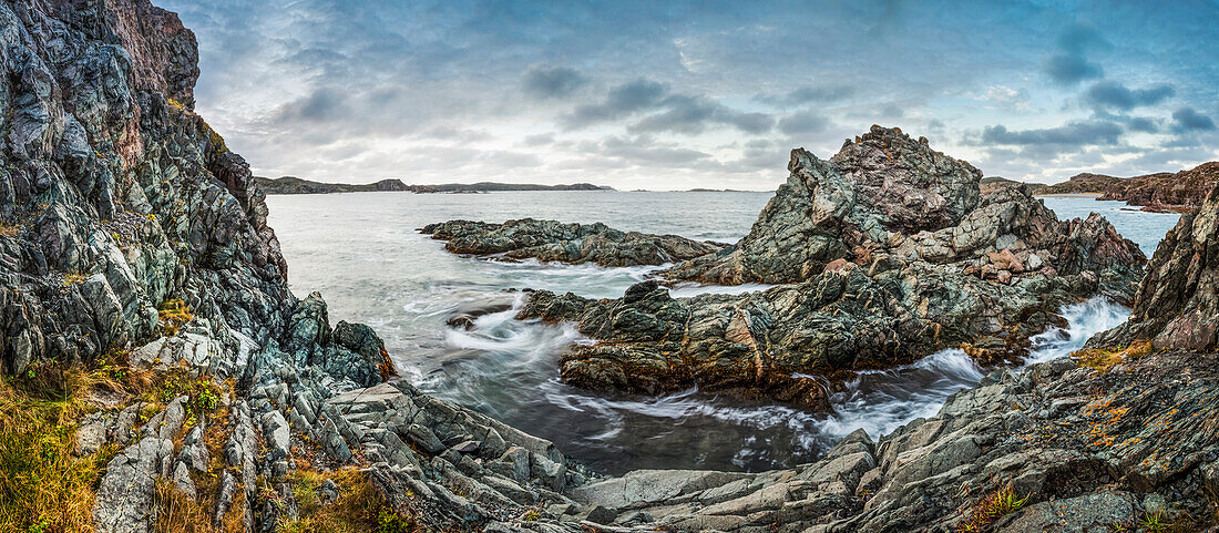 Rugged rocks along the Atlantic coastline with lichen on the rocks in the foreground and a cloudy sky; Newfoundland, Canada