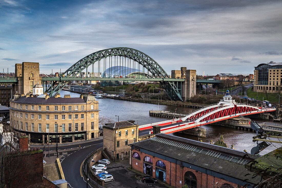 View along the River Tyne to see the bridges and buildings; Newcastle Upon Tyne, Tyne and Wear, England