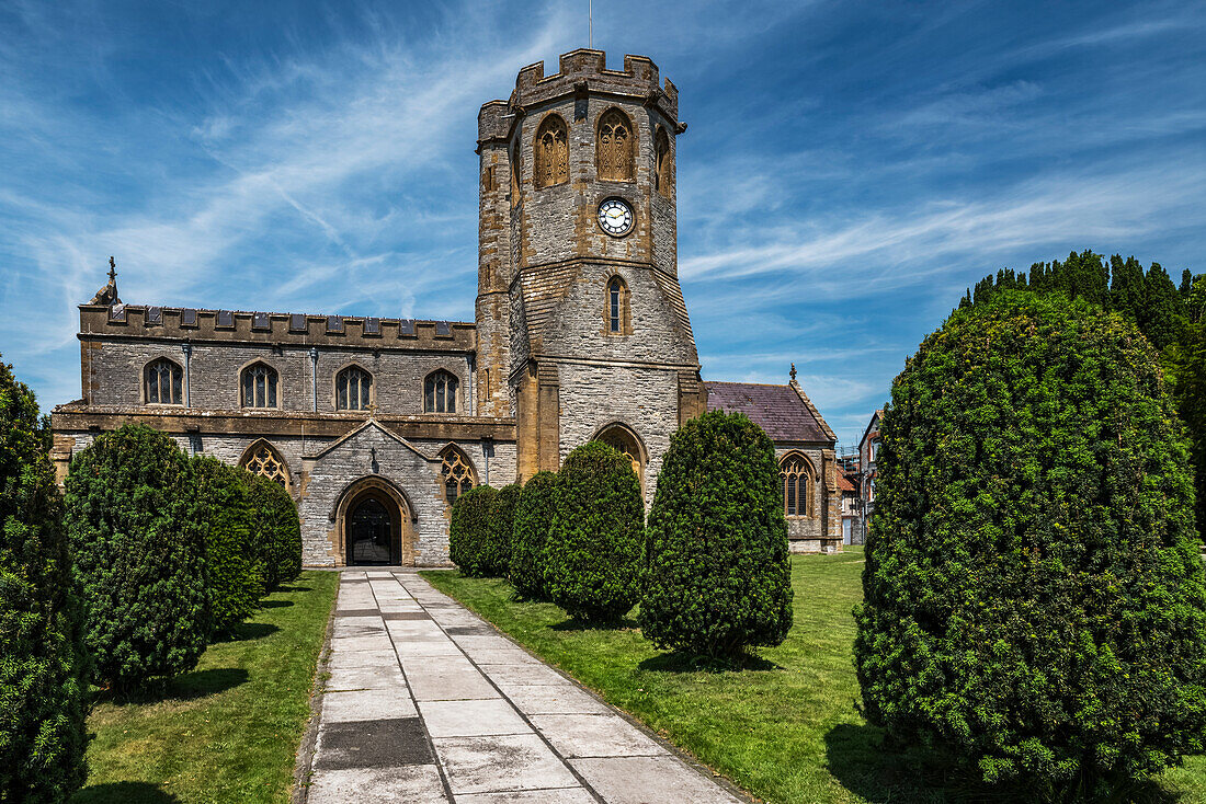 St Michael's and All Angels church has origins which date from the 13th century, with a major reshaping in the mid 15th century, and further restoration in 1889; Somerton, Somerset, England