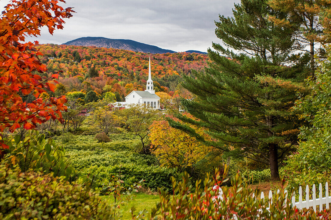 Stowe Church surrounded by lush and autumn coloured foliage with forest on the hillside; Stowe, Vermont, United States of America
