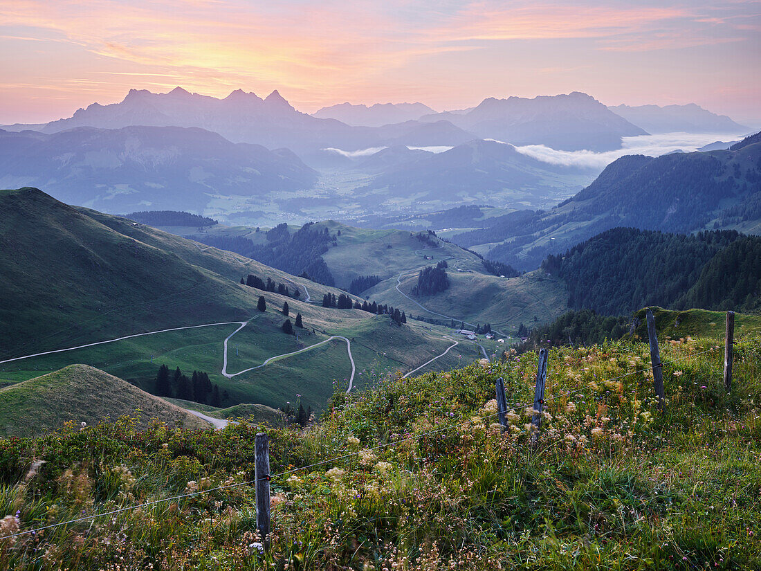 View from the Kitzbüheler Horn in the direction of Fieberbrunn, Leoganger stone mountains, Tyrol, Austria