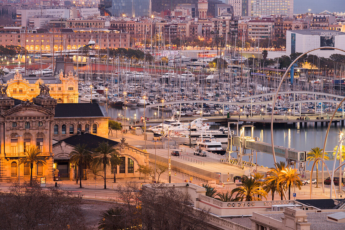 city view from the Montjuic, Barcelona, Catalonia, Spain, Twilight