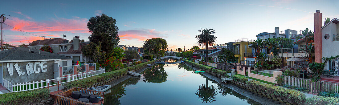 Panorama of one of the famous Venice Beach canals at sunset, Los Angeles, California, USA