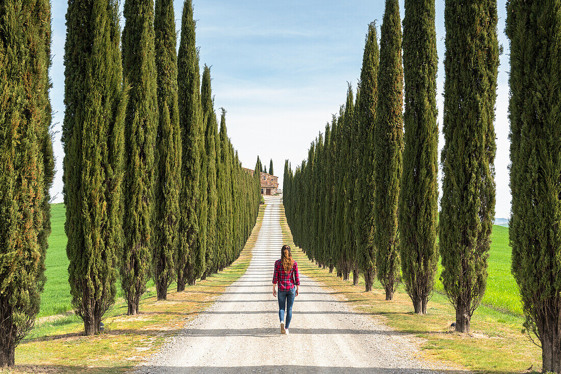 Castiglion d'Orcia, Orcia valley, Siena, Tuscany, Italy. A young woman in casual clothes is walking along a country road