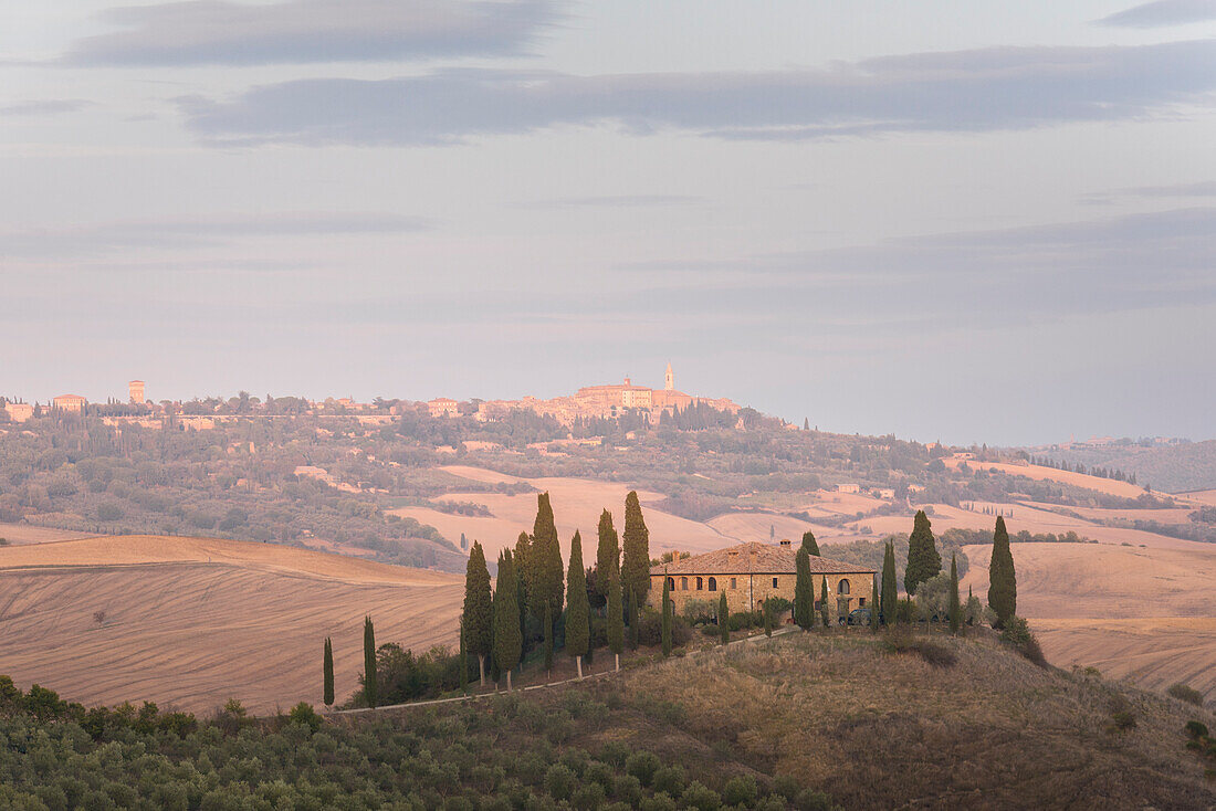 San Quirico d'Orcia, Province of Siena, Orcia Valley, Tuscany, Italy, Europe, View of Podere Belvedere at sunset with Pienza on the background