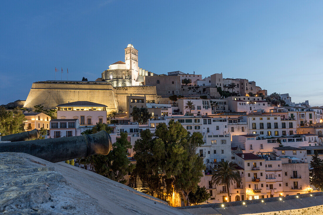 Spain, Baleares island, Ibiza, Dalt vila, sunset, overview from the fortress