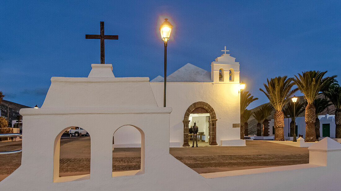 Femes, village church at twilight, Lanzarote, Canary Islands, Spain