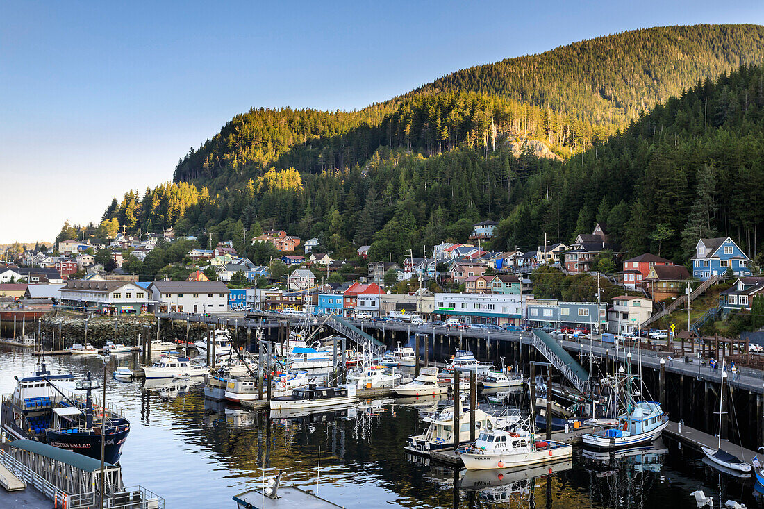 Sunrise over the harbour, town and forests, beautiful summer morning, Ketchikan, Southern Panhandle, Southeast Alaska, United States of America, North America