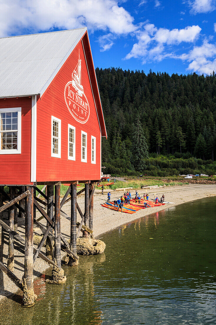 Restored salmon cannery museum and kayaks, Icy Strait Point, Hoonah, summer, Chichagof Island, Inside Passage, Alaska, United States of America, North America