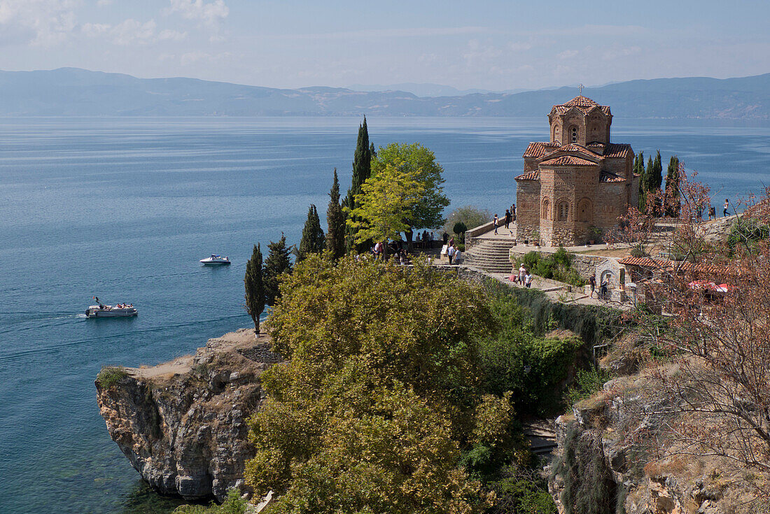 Boats by St. John Kaneo church on Lake Ohrid, UNESCO World Heritage Site, Macedonia, Europe