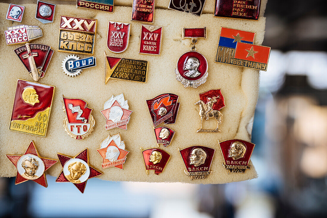 Souvenir Communist badges for sale, Riga Central Market, Riga, Latvia, Baltic States, Europe