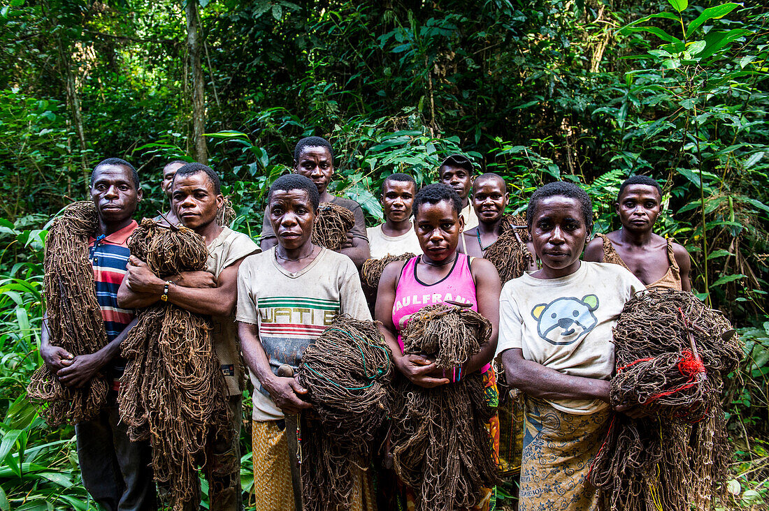 Baka pygmies on their way to go net-hunting, in the Dzanga-Sangha Special Reserve, UNESCO World Heritage Site, Central African Republic, Africa