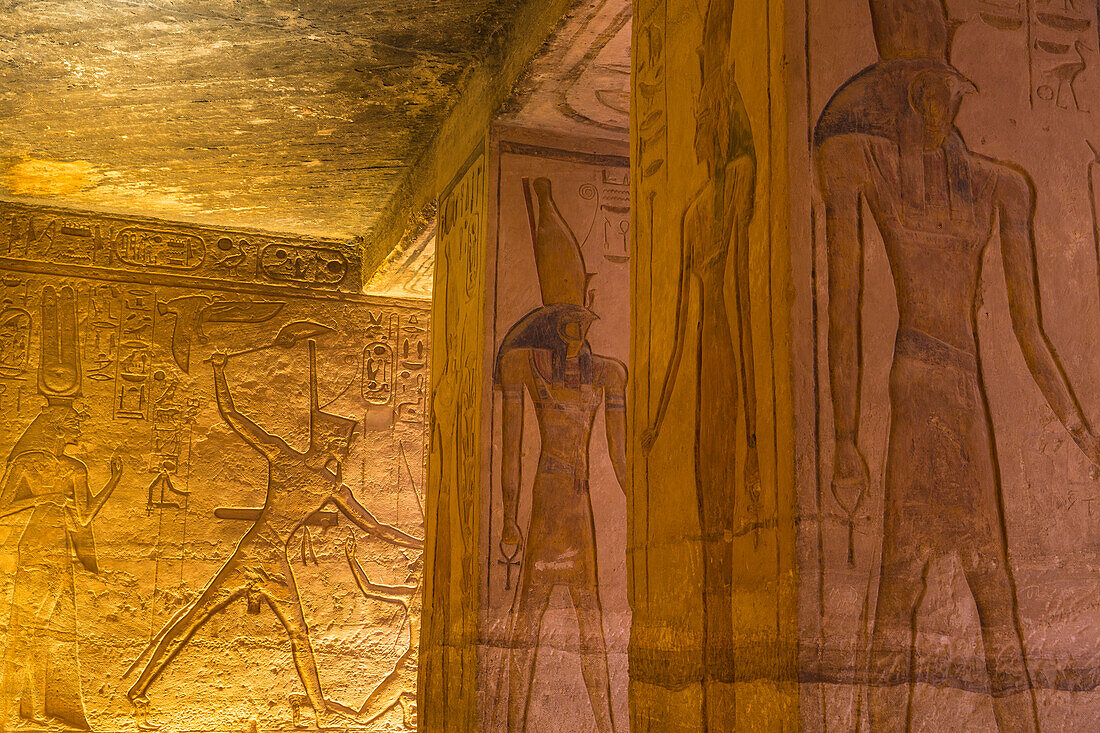 Mural reliefs in the hypostyle hall, The small temple, dedicated to Nefertari, Abu Simbel, UNESCO World Heritage Site, Egypt, North Africa, Africa