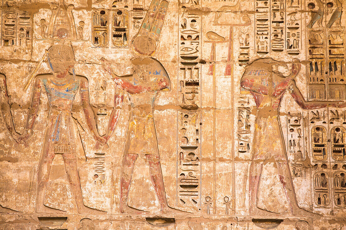 Reliefs on the walls of the Second Court, Temple of Ramesses III at Medinet Habu, West Bank, UNESCO World Heritage Site, Luxor, Egypt, North Africa, Africa