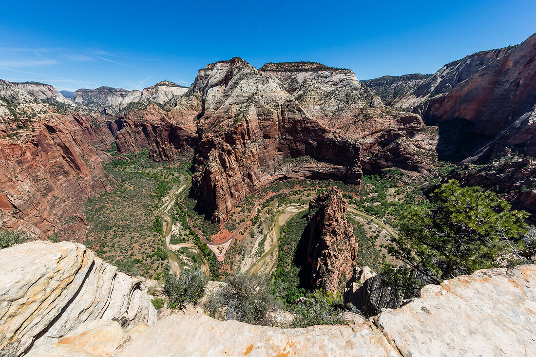 View of the valley floor from Angel's Landing Trail in Zion National Park, Utah, United States of America, North America