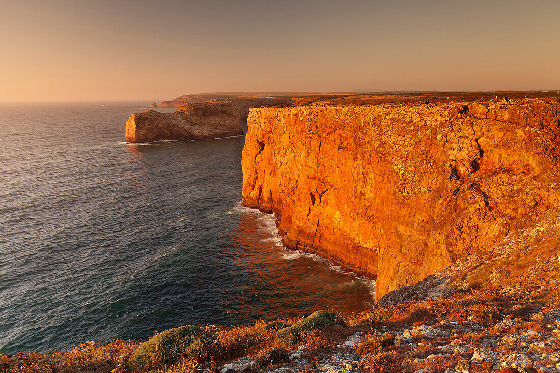 Cliff coast at sunset, Cabo de Sao Vicente, Sagres, Algarve, Portugal, Europe