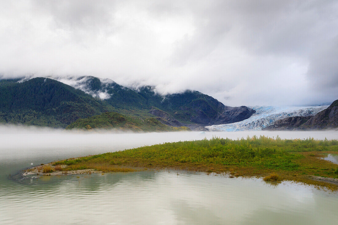 Mist, Mendenhall Glacier and Lake, bright blue ice, Tongass National Forest, Juneau, Alaska, United States of America, North America