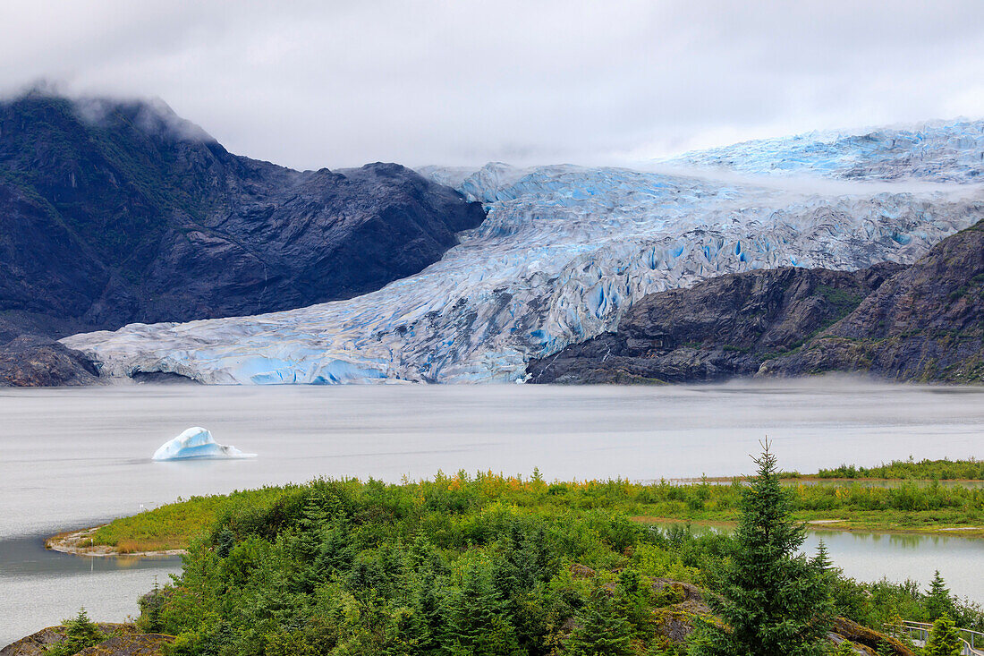 Blue iceberg, blue ice face of Mendenhall Glacier, elevated view, Visitor Centre, Tongass National Forest, Juneau, Alaska, United States of America, North America