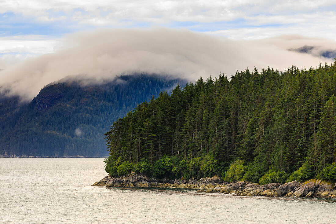 Mist, rocky shoreline and forest, Inian Islands, Icy Strait, between Chichagof Island and Glacier Bay National Park, Alaska, United States of America, North America