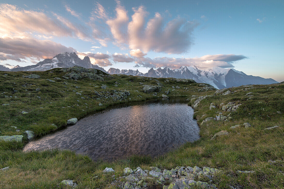 Sunrise on Mont Blanc massif seen from Lacs De Cheserys, Chamonix, Haute Savoie, French Alps, France, Europe