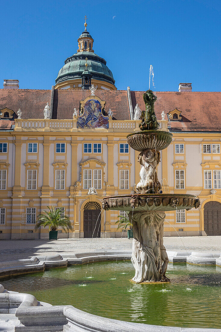 Fountain in courtyard of Abbey, Melk, UNESCO World Heritage Site, Lower Austria, Austria, Europe