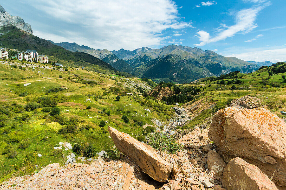 Rio Gallego and the Tena Valley beyond, below Formigal ski resort, Formigal, Sallent de Gallego, Huesca Province, Pyrenees, Spain, Europe