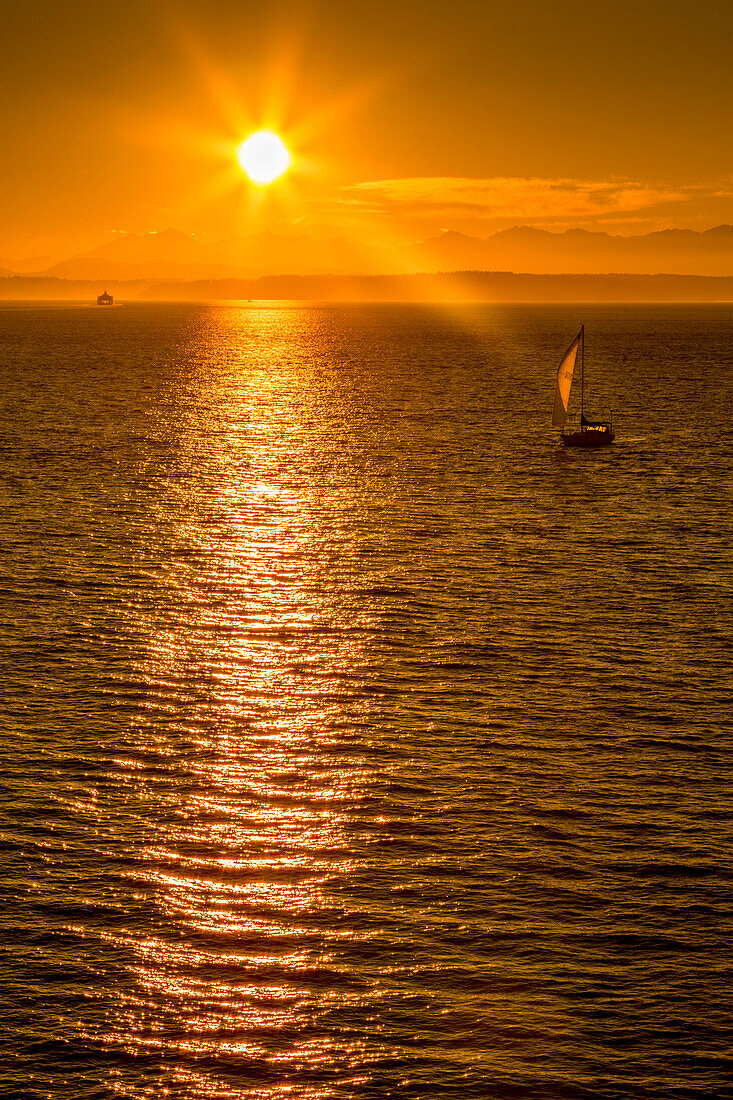 Sailing boat and sunset over Elliott Bay with Bainbridge Island visible on the horizon viewed from Bell Harbour Marina, Seattle, Washington State, United States of America, North America