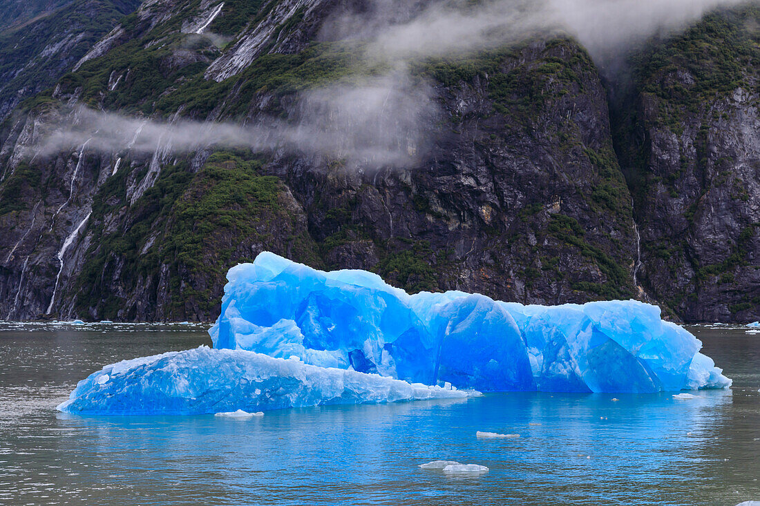 Tracy Arm Fjord, clearing mist, blue icebergs and cascades, near South Sawyer Glacier, Alaska, United States of America, North America
