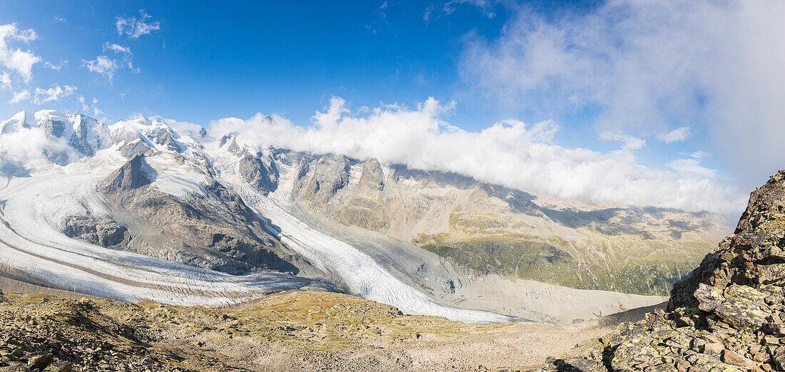 Panoramic of the Diavolezza and Pers glaciers, St. Moritz, canton of Graubunden, Engadine, Switzerland, Europe