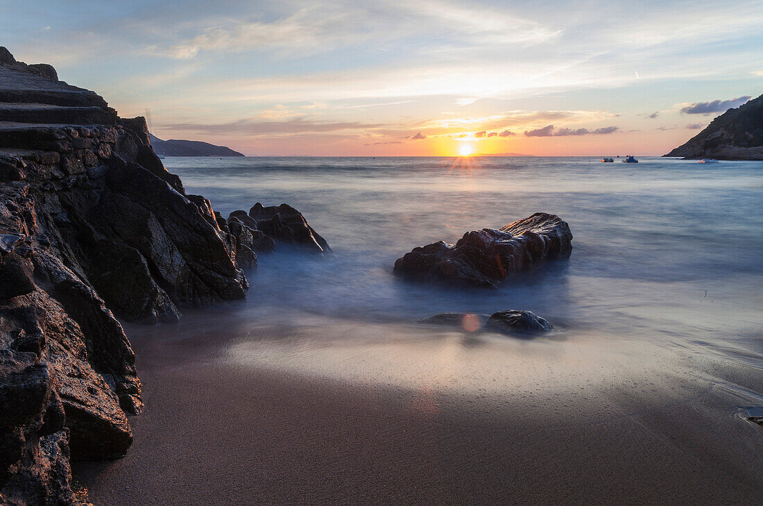 Sunset on La Crocetta beach, Marciana Marina, Elba Island, Livorno Province, Tuscany, Italy, Europe