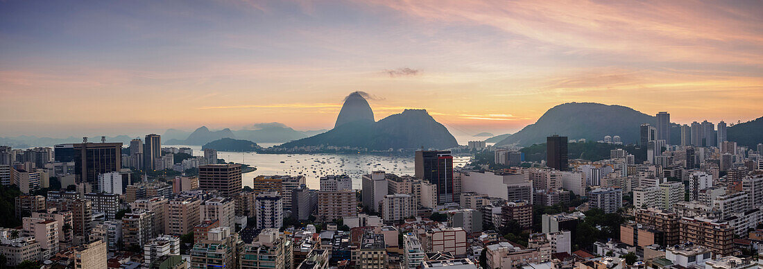 View over Botafogo towards the Sugarloaf Mountain at dawn, Rio de Janeiro, Brazil, South America