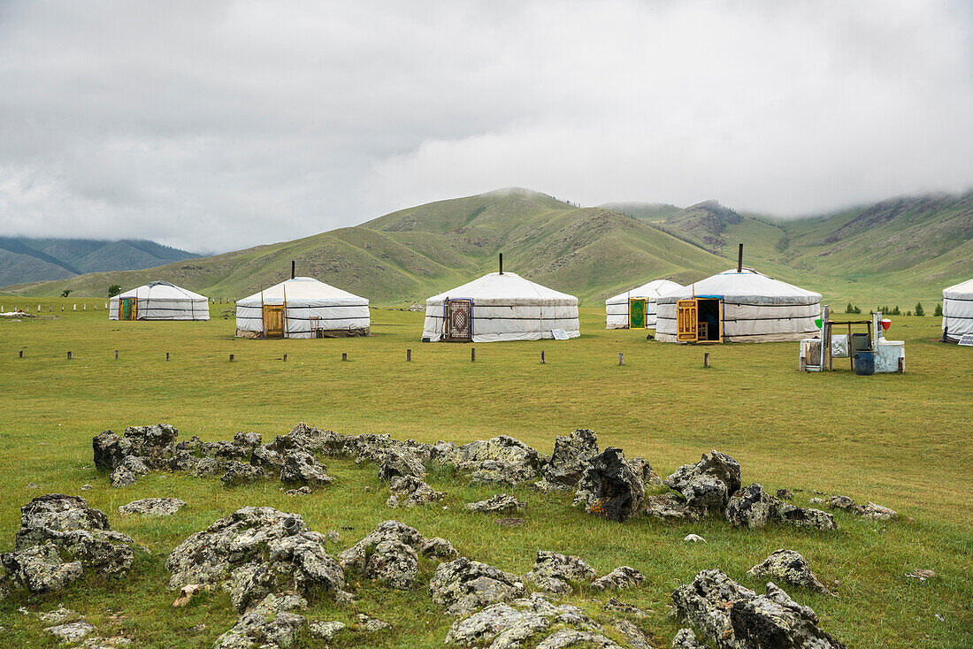 Nomadic family ger camp, Orkhon valley, South Hangay province, Mongolia, Central Asia, Asia