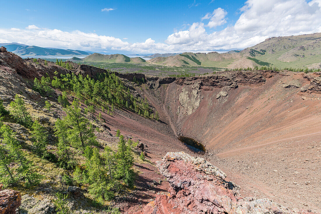 Khorgo volcano crater and White Lake in the background, Tariat district, North Hangay province, Mongolia, Central Asia, Asia