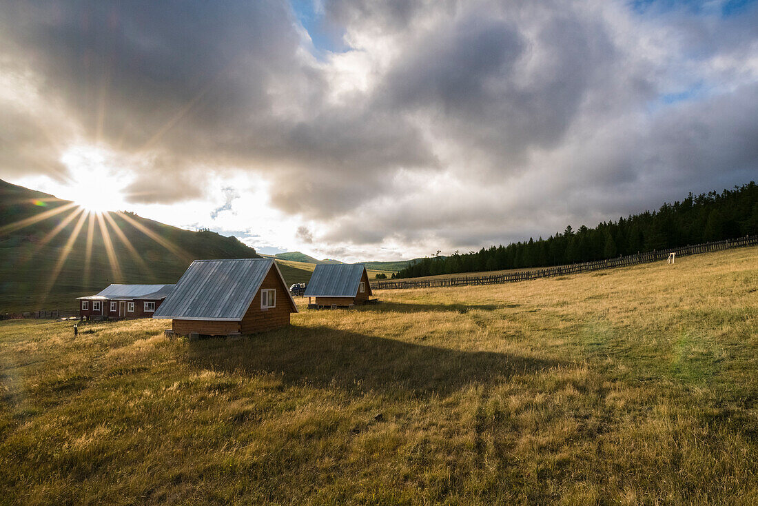 Wooden houses at sunrise, Burentogtokh district, Hovsgol province, Mongolia, Central Asia, Asia