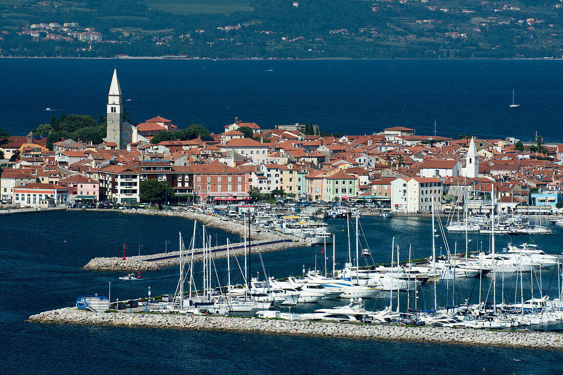 An elevated view of the town of Isola overlooking Adriatic Sea, Isola, Slovenia, Europe