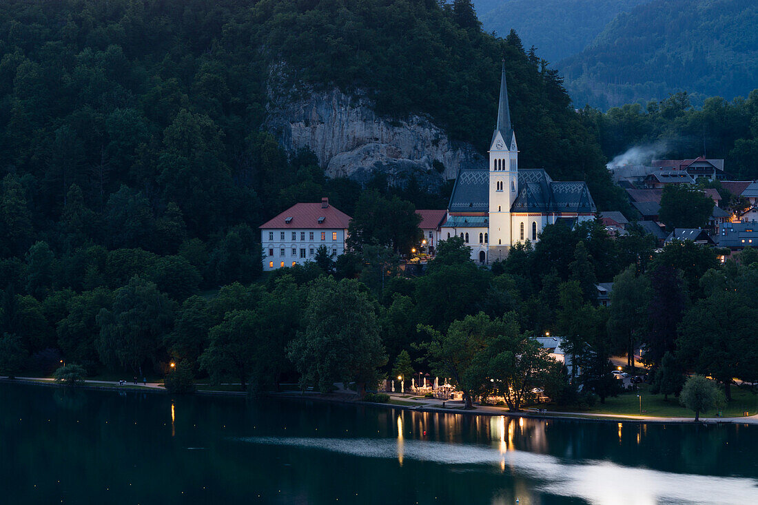 St. Martin's Church at night, Lake Bled, Slovenia, Europe