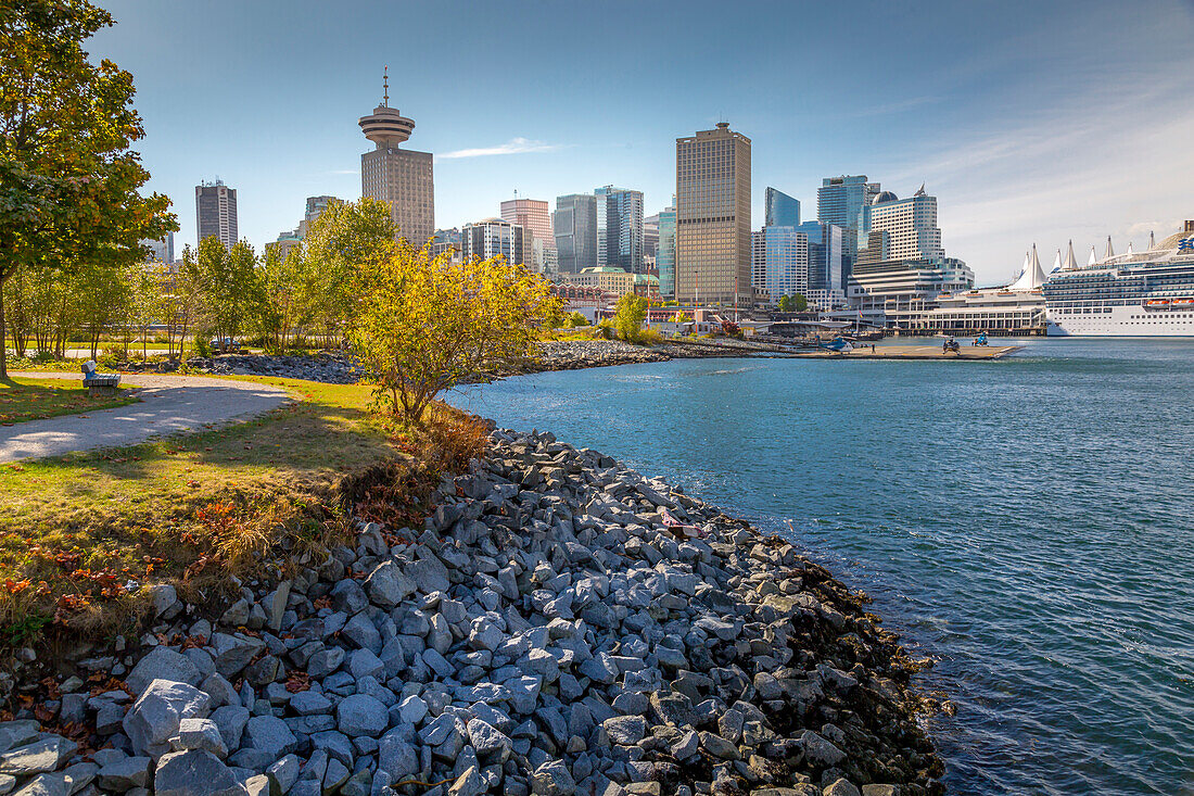 View of Canada Place and Vancouver Lookout Tower from CRAB Park, British Columbia, Canada, North America