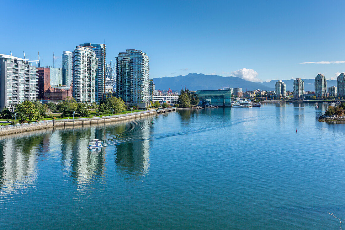 View of False Creek from Cambie Street Bridge and Vancouver skyline, Vancouver, British Columbia, Canada, North America